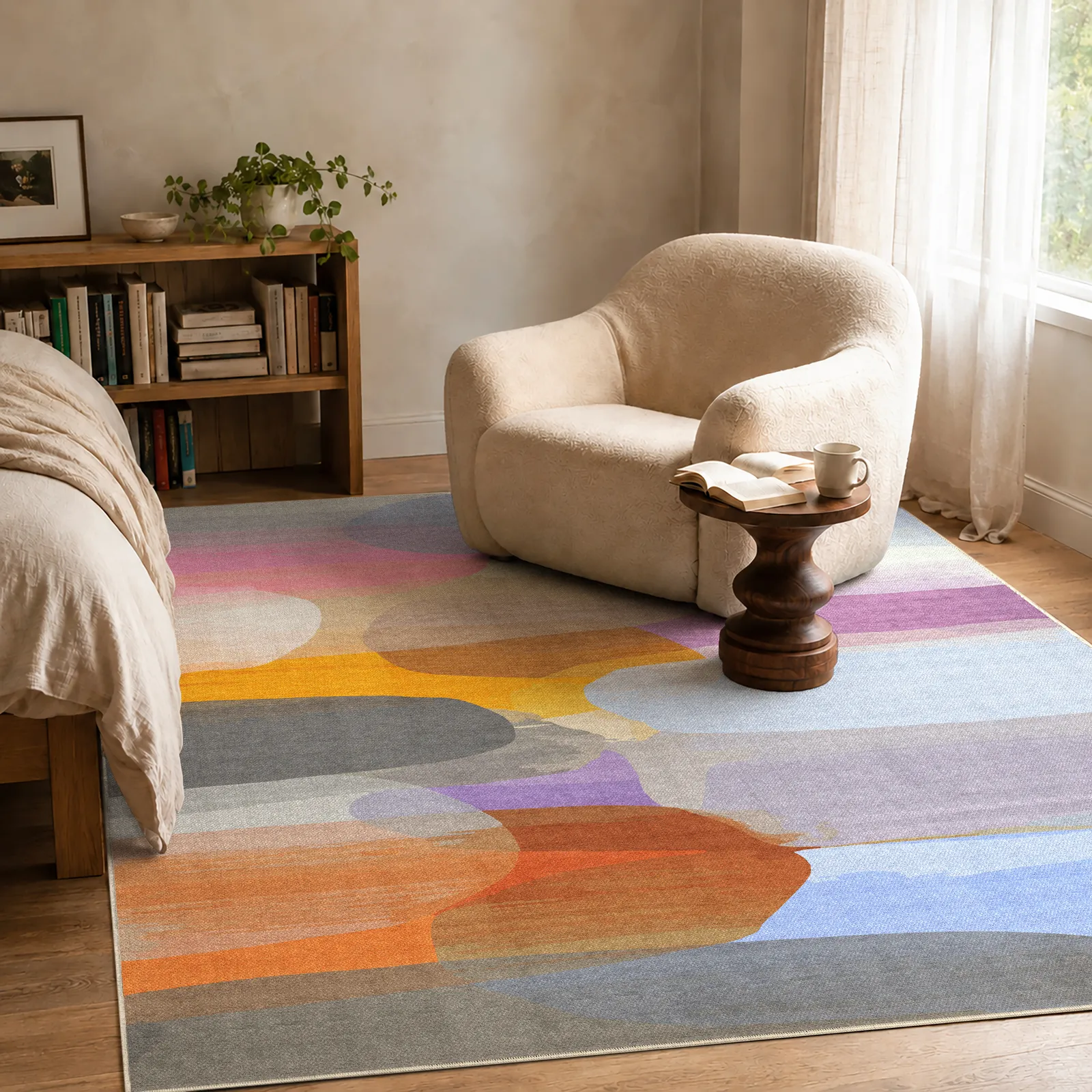 When the Sun Sets rug by Claire Desjardins in a bright room.