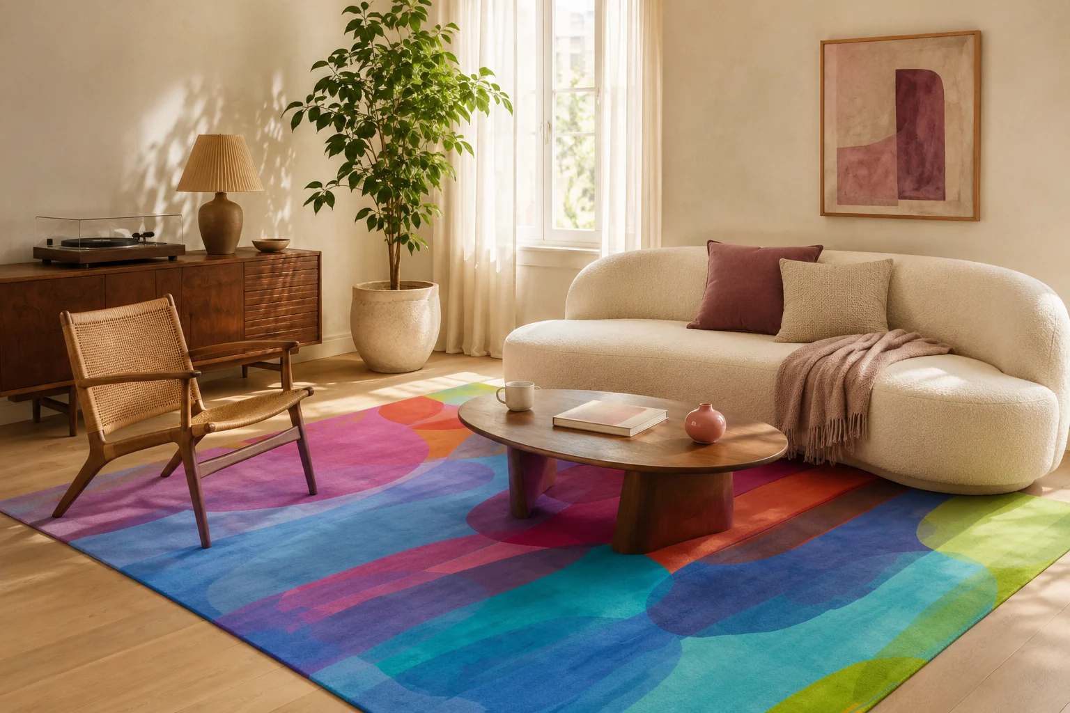 HOLIDAY EVERYDAY room scene with a colourful Claire Desjardins rug.